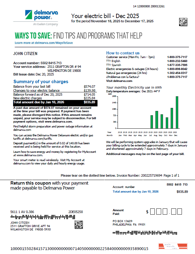 USA Delmarva Power utility bill template in Word and PDF formats, version 2